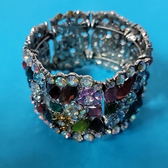 Cocktail Colorful Multi-Color Embellished Floral Rhinestone Stretchable Bangle - Picture 6 of 11